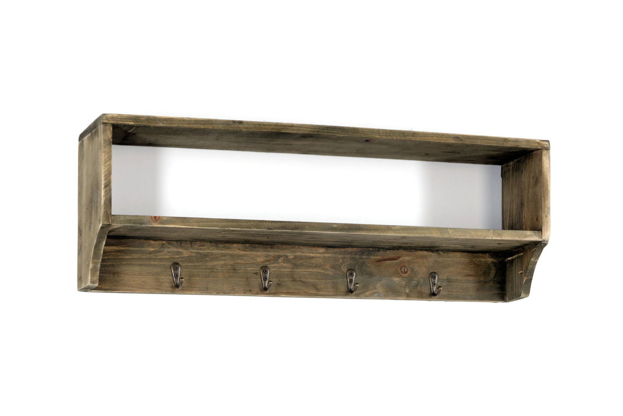 Wooden Wall Shelf with 4 Hooks