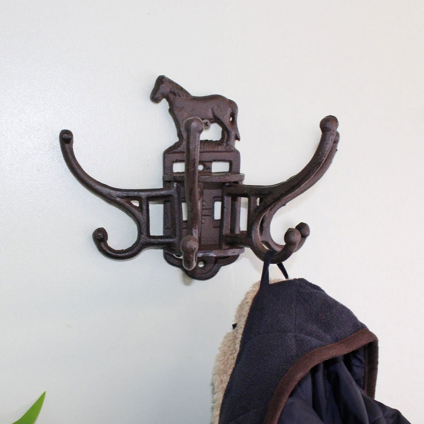 Cast Iron Wall Mounted Rotating Coat Hooks, Horse, 8 hooks