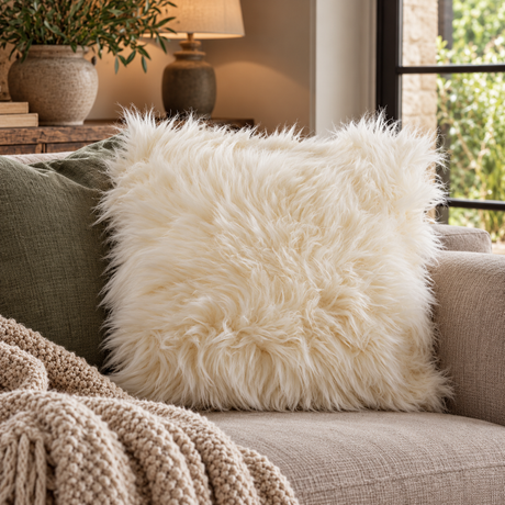 Natural Sheepskin Cushion in cream long wool on a linen sofa with a sage cushion and knitted throw, beside a stone lamp and olive branches