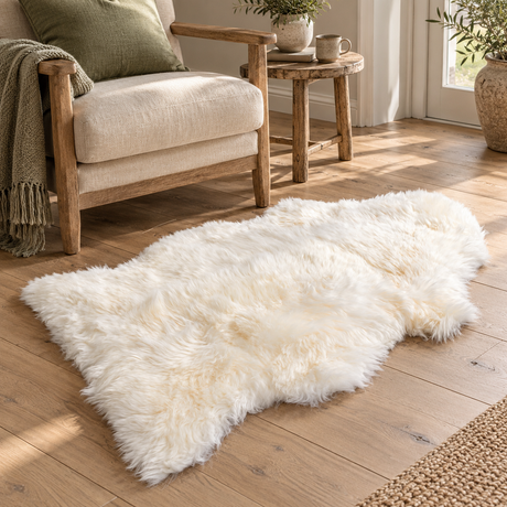 Natural Sheepskin XXL Rug on a wooden floor beside a wooden armchair and a small wooden side table