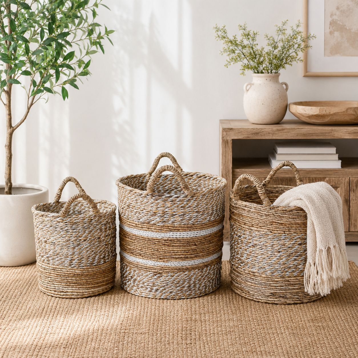 Three woven baskets on a textured surface with a plant and wooden shelf in the background.