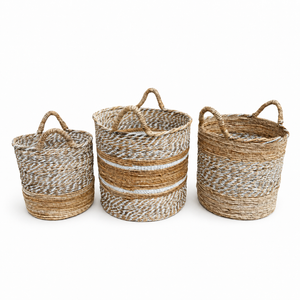 Set of 3 natural banana raffia baskets on a white background
