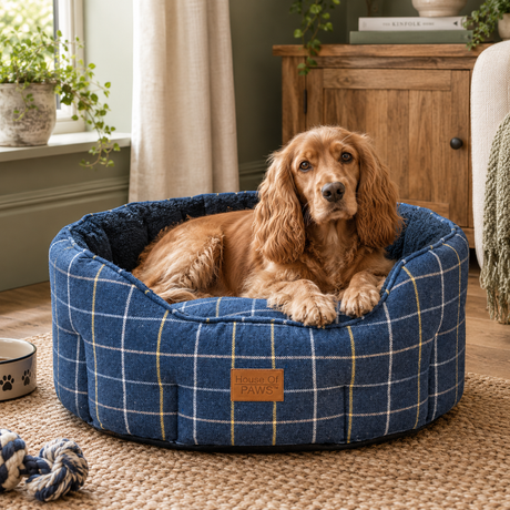 Cocker spaniel in the Navy Check Tweed Oval Snuggle Dog Bed on a jute rug beside a wooden cabinet