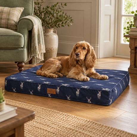 Cocker spaniel lying on the Navy Stag Water Resistant Mattress Dog Bed on a wooden floor beside a sage green armchair