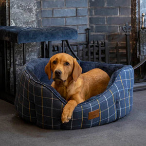 Navy Check Tweed Oval Snuggle Dog Bed