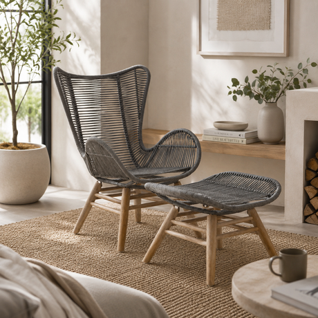 Nomad grey rope lounge chair and footstool set in a cosy room setting