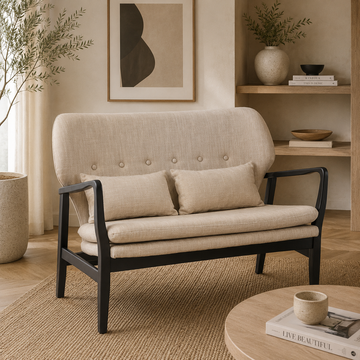Beige linen sofa with black wood frame in a room with a woven rug and plants and decor items