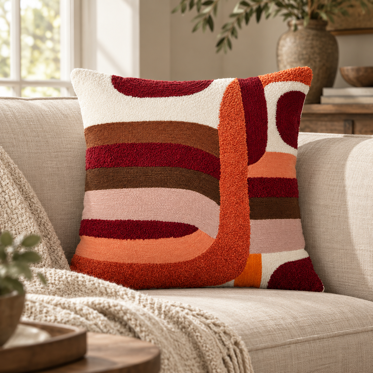 Elora Multi Coloured Square Cushion in burgundy, orange, brown and blush on a cream sofa with a knitted throw