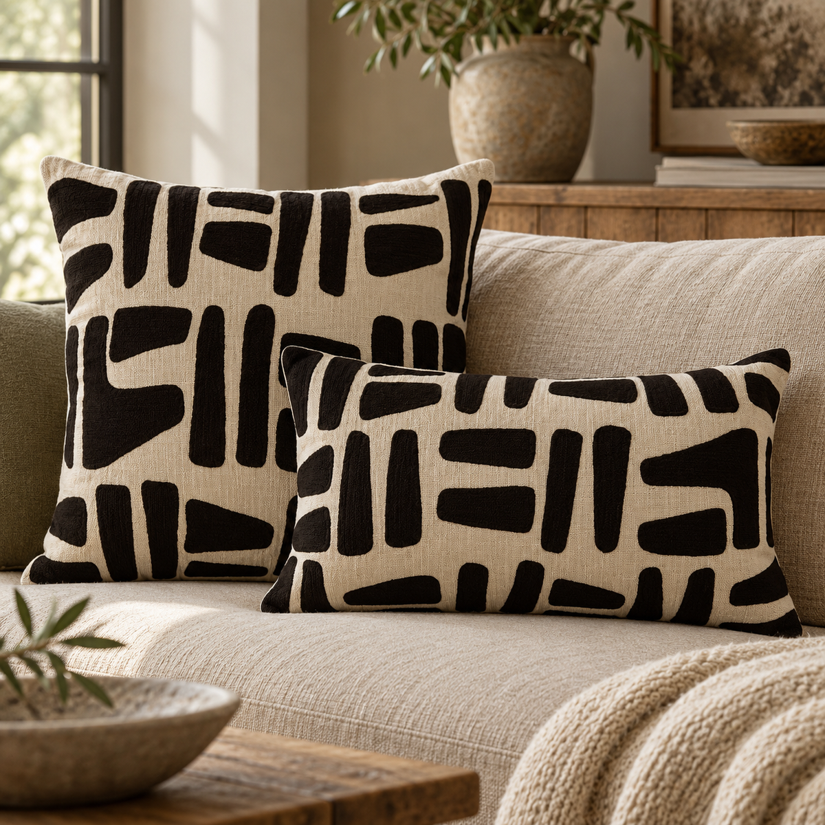 Square and rectangular Elora Natural And Black Embroidered Cushions on a linen sofa with a knitted throw, beside a stone vase of olive branches