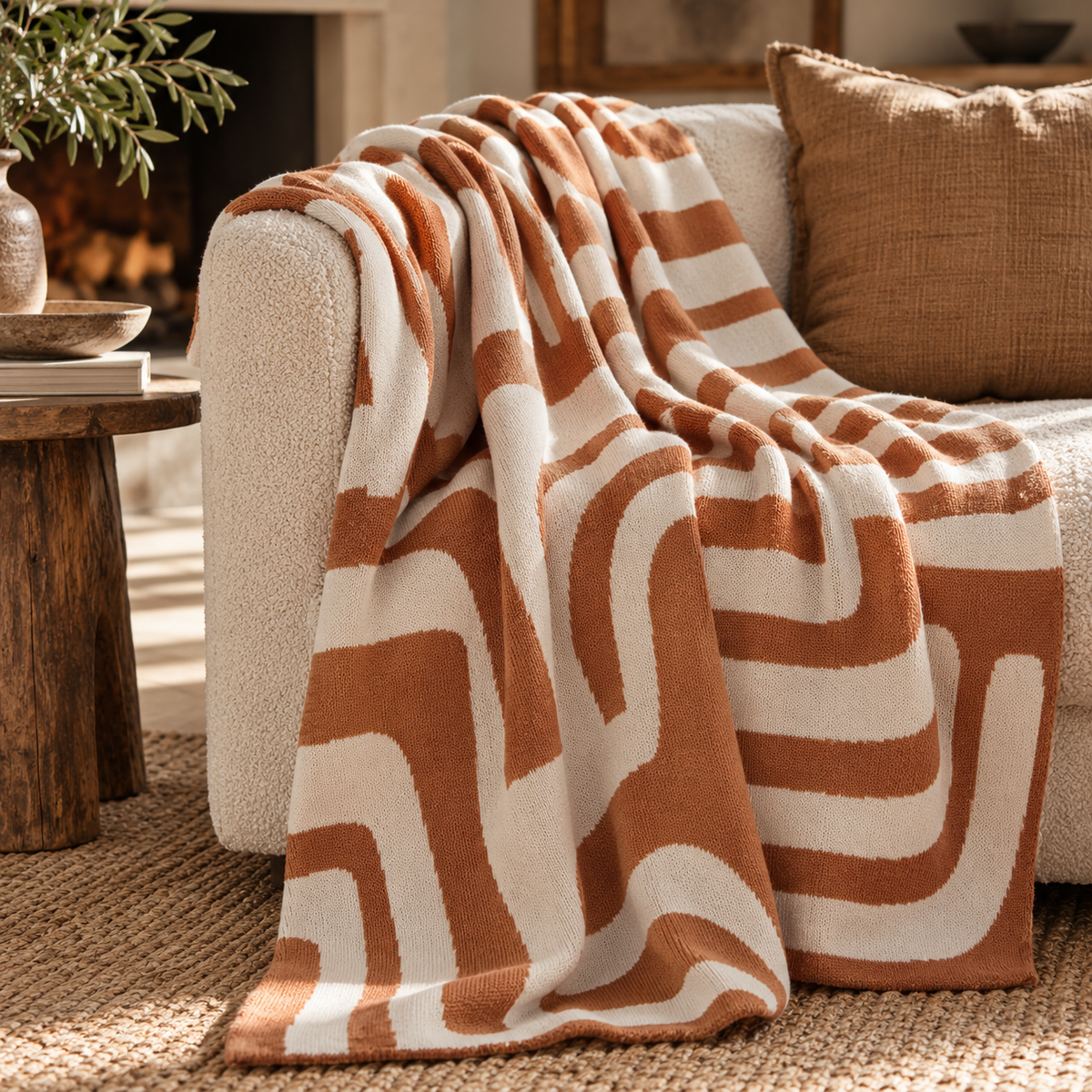 Elora Natural And Terracotta Throw draped over a cream boucle sofa beside a stone fireplace, with a rustic wooden stool and jute rug