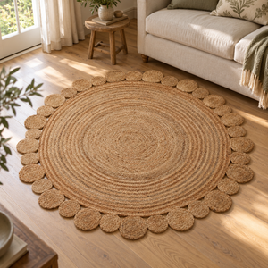 Looma Round Jute Rug with Circular Edges on a wooden floor in front of a cream sofa, beside a small wooden stool