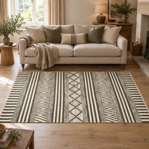 Nexo Large Geometric Rug on a wooden floor in a living room with a cream sofa, green cushions and a fireplace