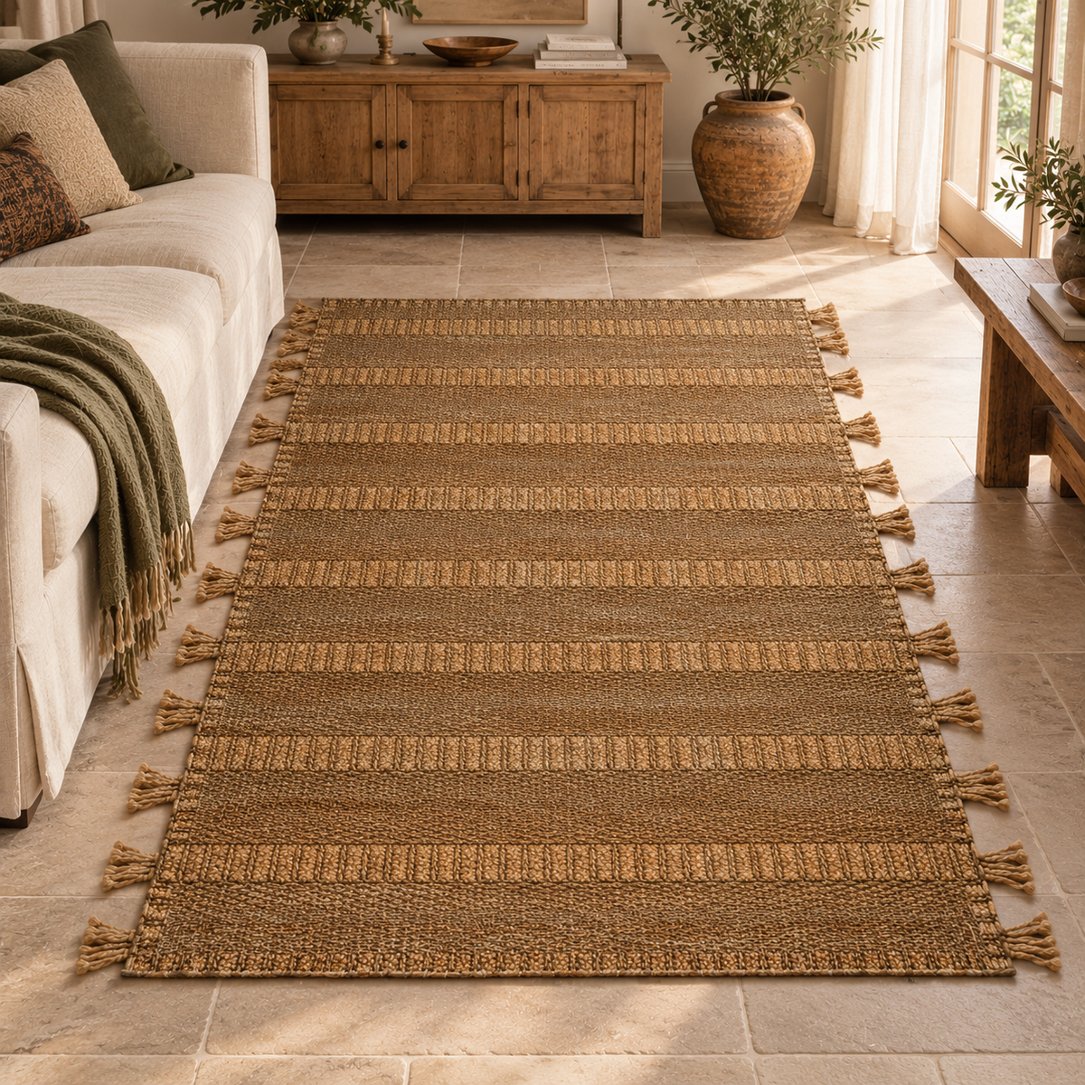 Nexo Large Striped Rug on a stone floor beside a cream sofa with a green throw, with a wooden sideboard behind