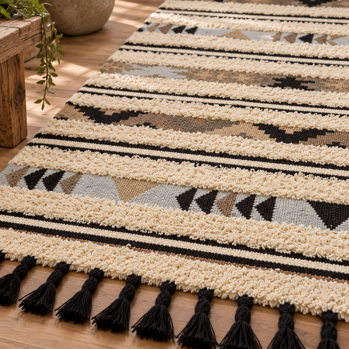 Close-up of the Nexo Large Tribal Rug showing its shaggy cream bands, tribal motifs and black tassels