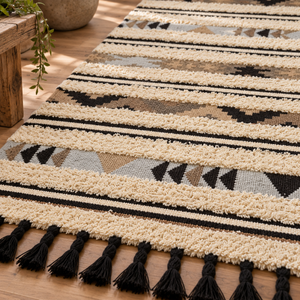 Close-up of the Nexo Large Tribal Rug showing its shaggy cream bands, tribal motifs and black tassels