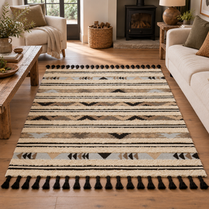 Nexo Large Tribal Rug on a wooden floor in a living room with a cream sofa, rustic wooden coffee table and log burner