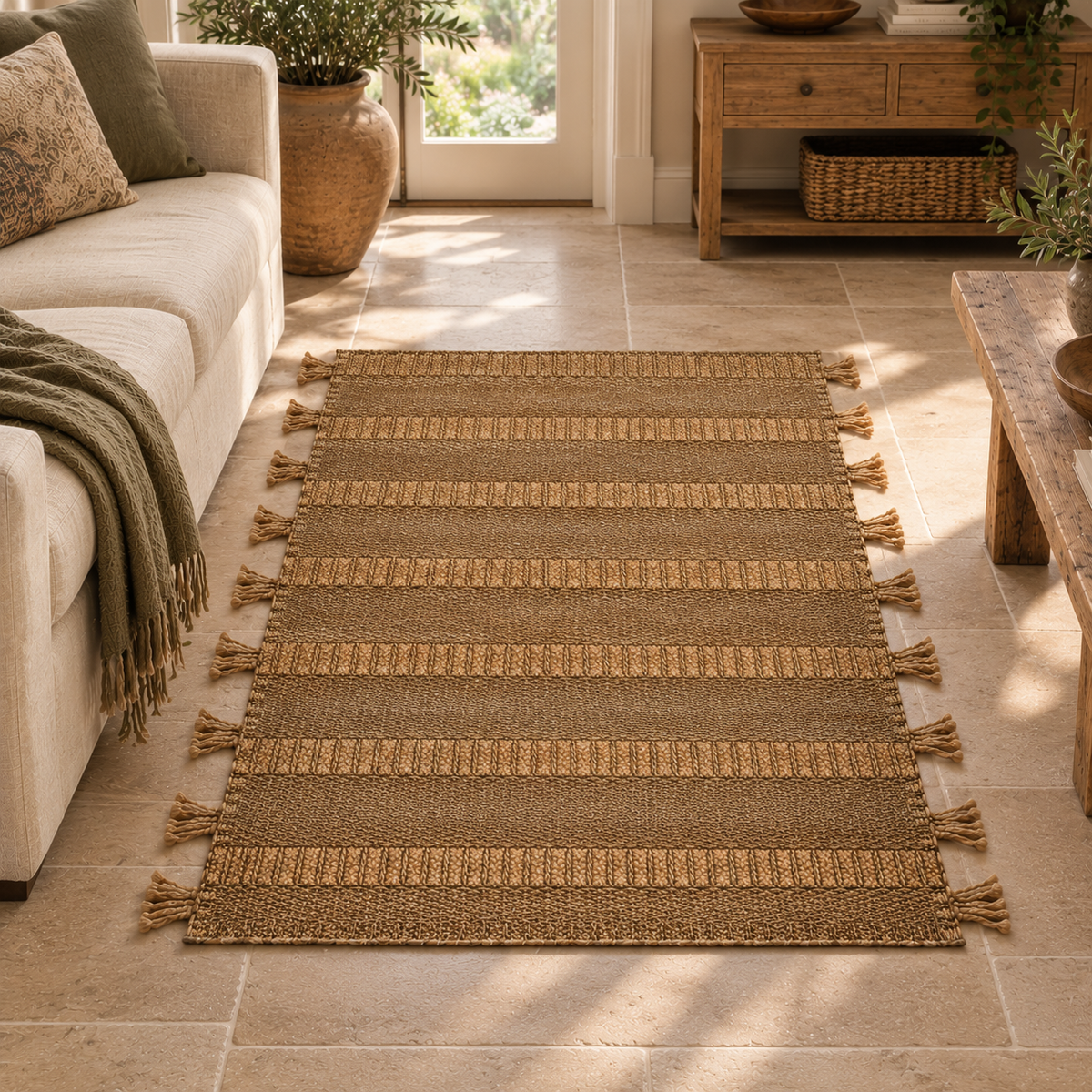 Nexo Small Striped Rug on a stone floor beside a cream sofa, with a wooden console and plants behind