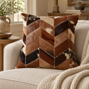 Tierra Natural Cowhide Leather Patchwork Cushion in brown and cream chevron cowhide on a linen sofa with a knitted throw, beside a wooden side table