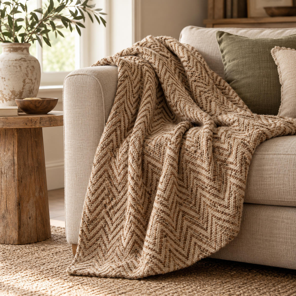 Zigra Beige Woven Throw with a brown chevron weave draped over a cream linen sofa, beside a rustic wooden side table and a jute rug