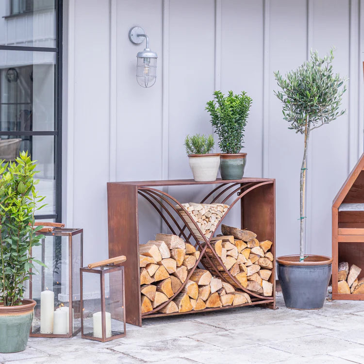 Outdoor X-Shaped Log Storage - Rust