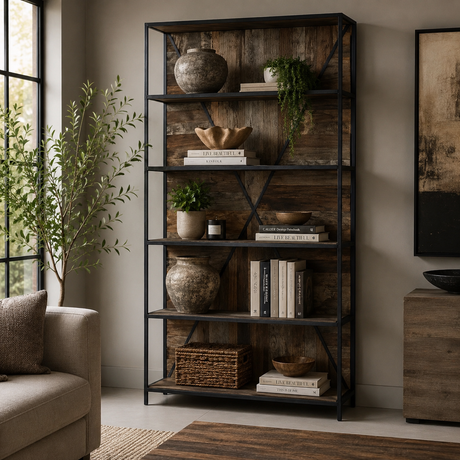 A tall black metal shelving unit with rustic dark wood shelves, styled with books, vases, bowls, and potted plants in a modern living room setting.