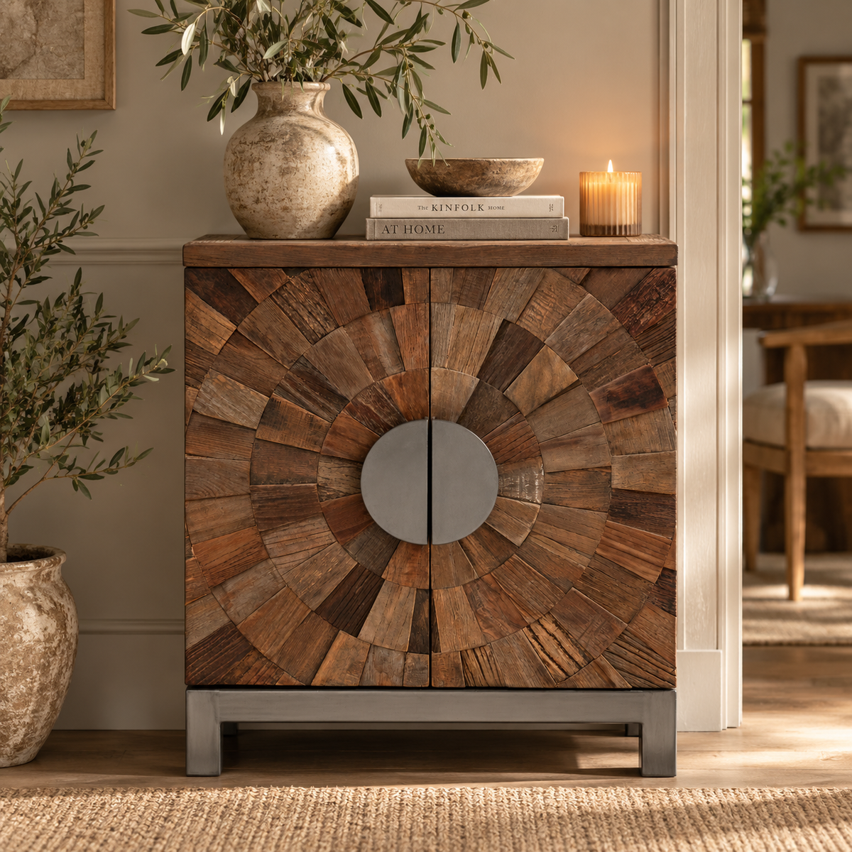 A rustic wooden sideboard cabinet with a circular wood-grain pattern on the doors and a round silver metal centre handle, styled in a warm, neutral-toned room with decorative plants, books, and a candle.