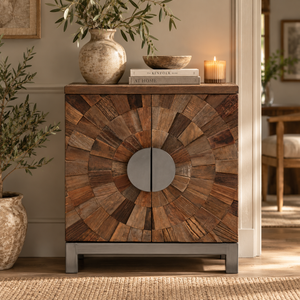 A rustic wooden sideboard cabinet with a circular wood-grain pattern on the doors and a round silver metal centre handle, styled in a warm, neutral-toned room with decorative plants, books, and a candle.