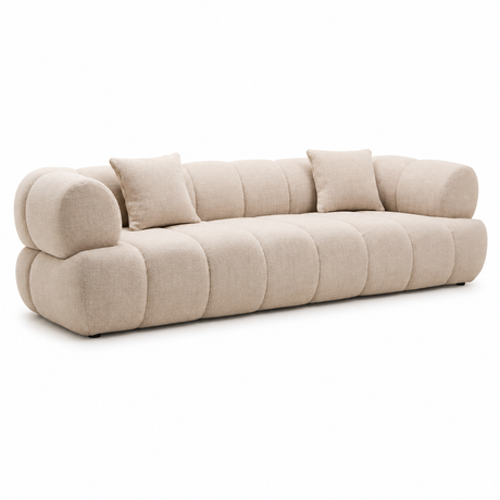Orvella three seater cream linen sofa against a white background