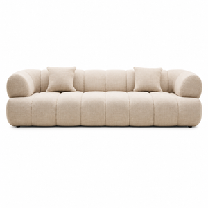 Front view of Orvella three seater cream linen sofa on a white background