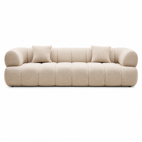 Front view of Orvella three seater cream linen sofa on a white background