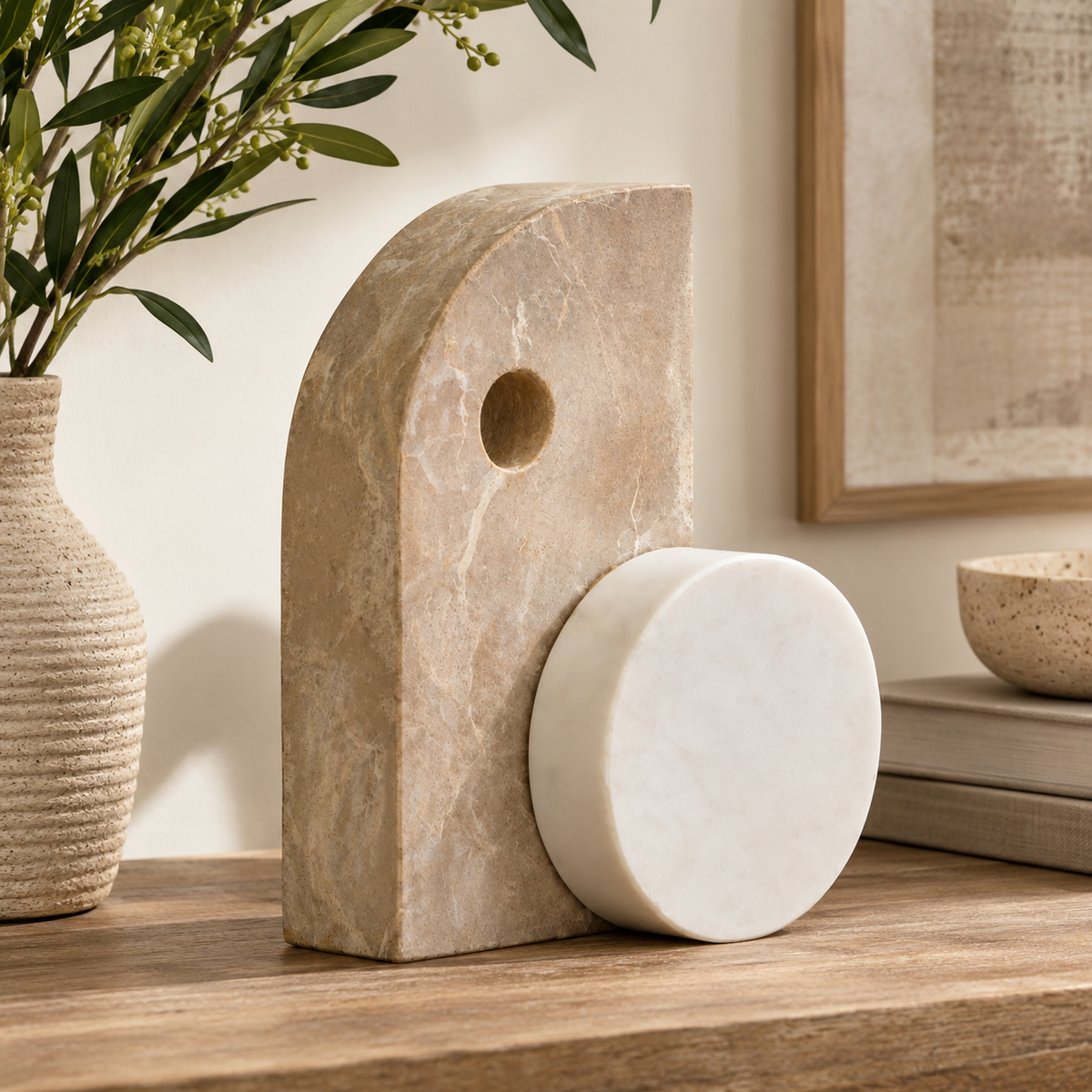 Ossa Chocolate and White Marble Abstract Sculpture, a sculptural chocolate and white marble ornament styled on a rustic wooden table with greenery and neutral decor.