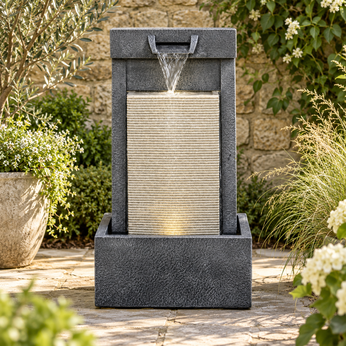 Outdoor Contemporary Cube Water Feature on a sunlit stone terrace against a stone wall, with water spilling over the lit ribbed panel among olive, hydrangea and grasses