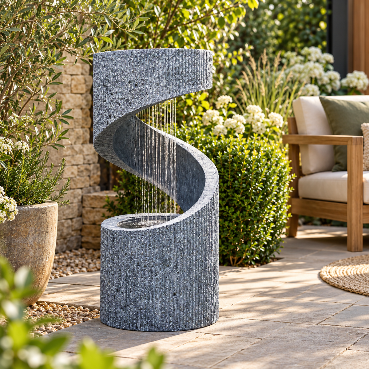 Outdoor Spiral Water Feature on a sunlit stone terrace, with water falling through the spiral, beside a wooden garden sofa, olive pot and white hydrangeas