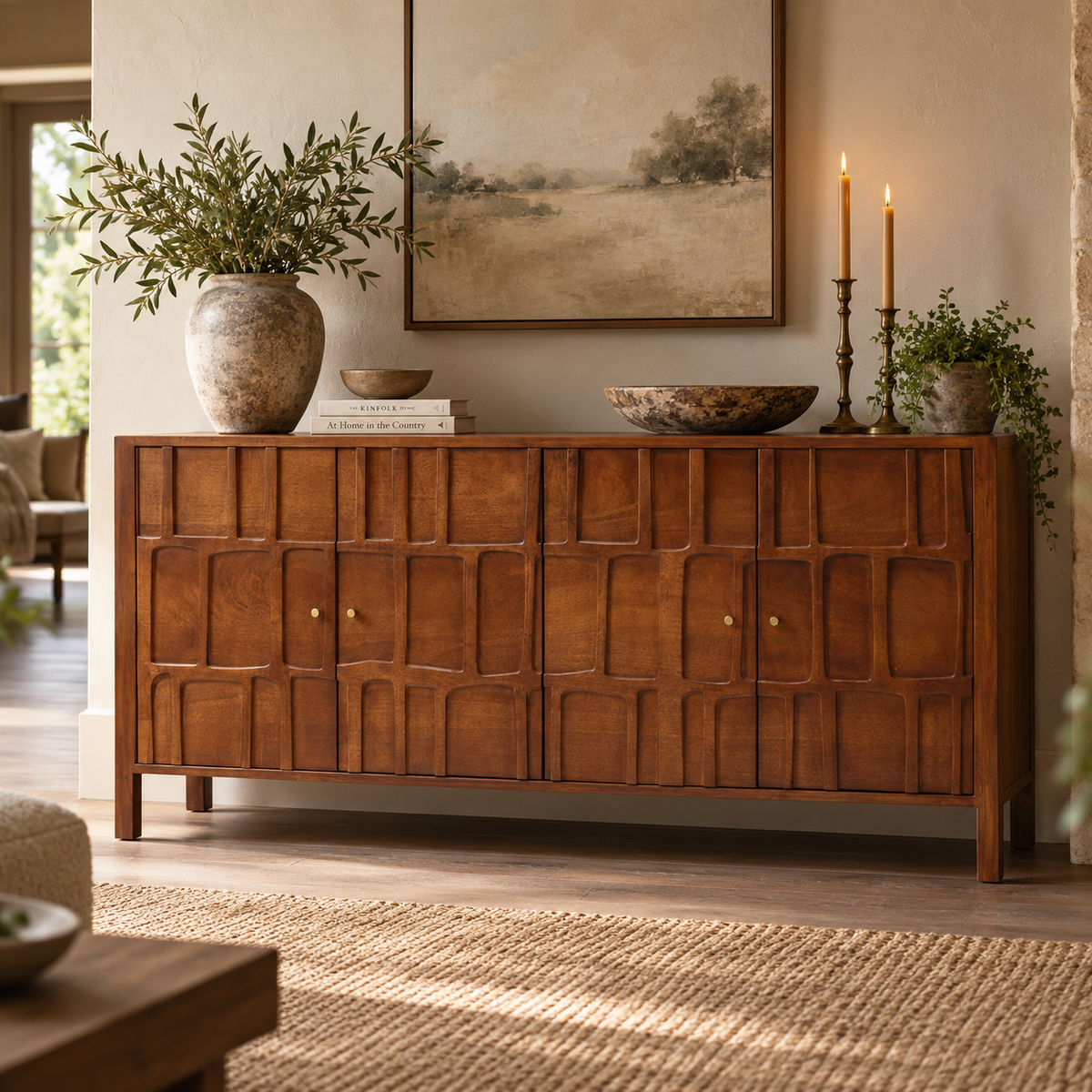 A warm medium-brown wooden sideboard with carved geometric panel details and small brass knobs, styled in a living room with a large vase of greenery, candles, bowls, and framed wall art.