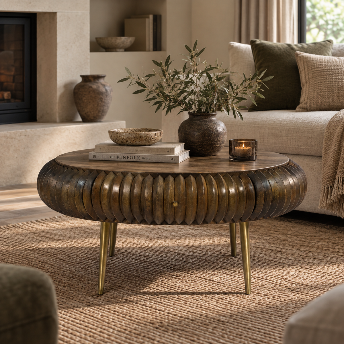 A round coffee table with a ribbed metallic bronze-finished base and light wood top, styled in a cozy living room with books, a vase of greenery, and a candle.