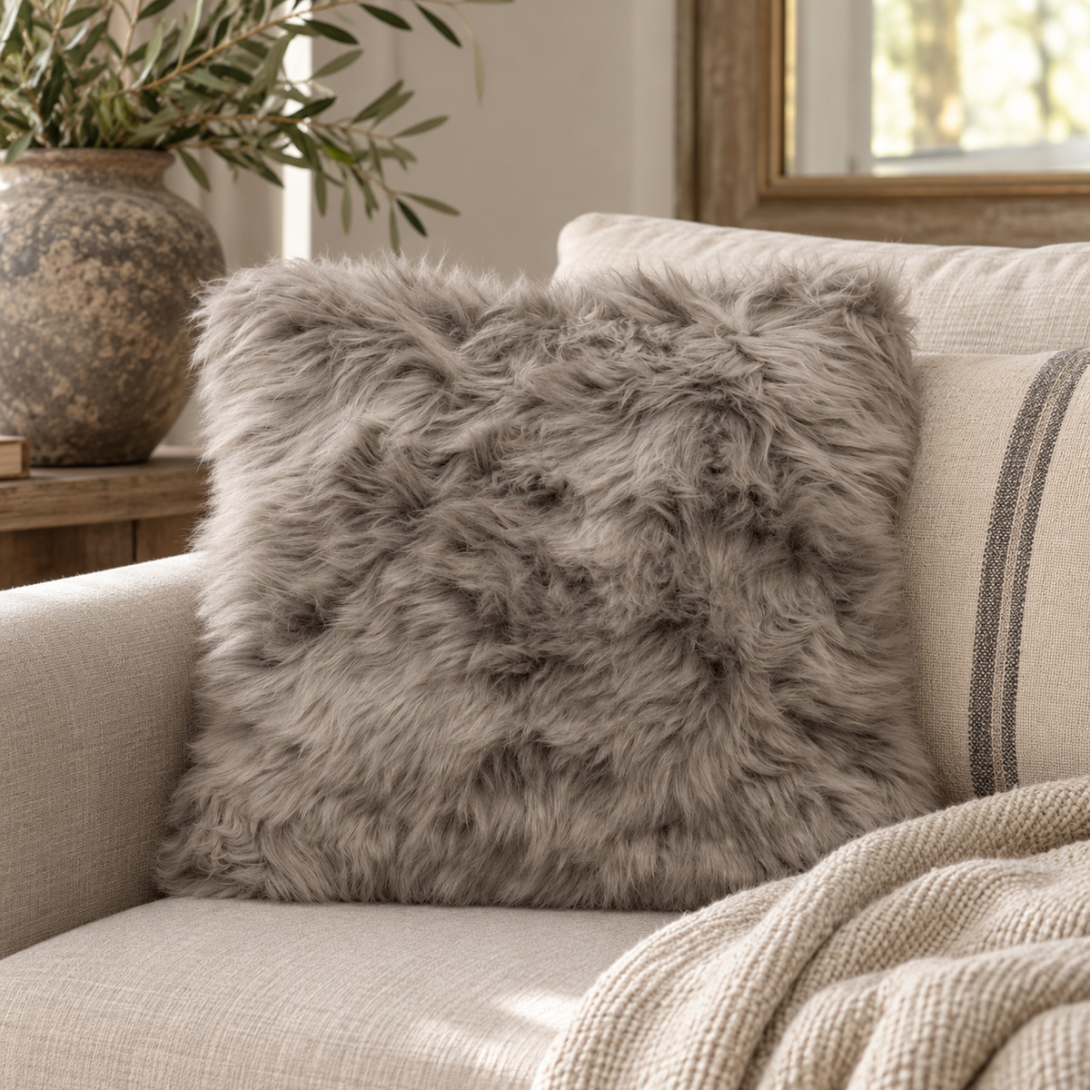 Pebble Sheepskin Cushion in long taupe-grey wool on a cream linen sofa with a striped cushion and knitted throw, beside an olive branch in a stone pot