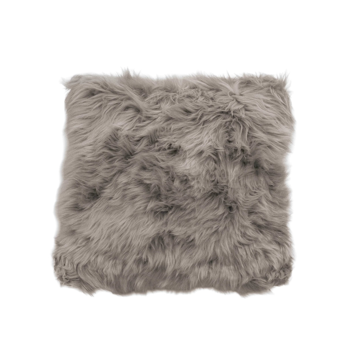 Pebble Sheepskin Cushion with thick, long pebble-grey wool, on a white background