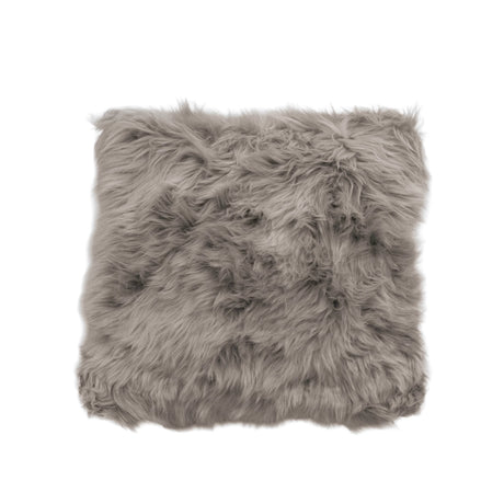 Pebble Sheepskin Cushion with thick, long pebble-grey wool, on a white background