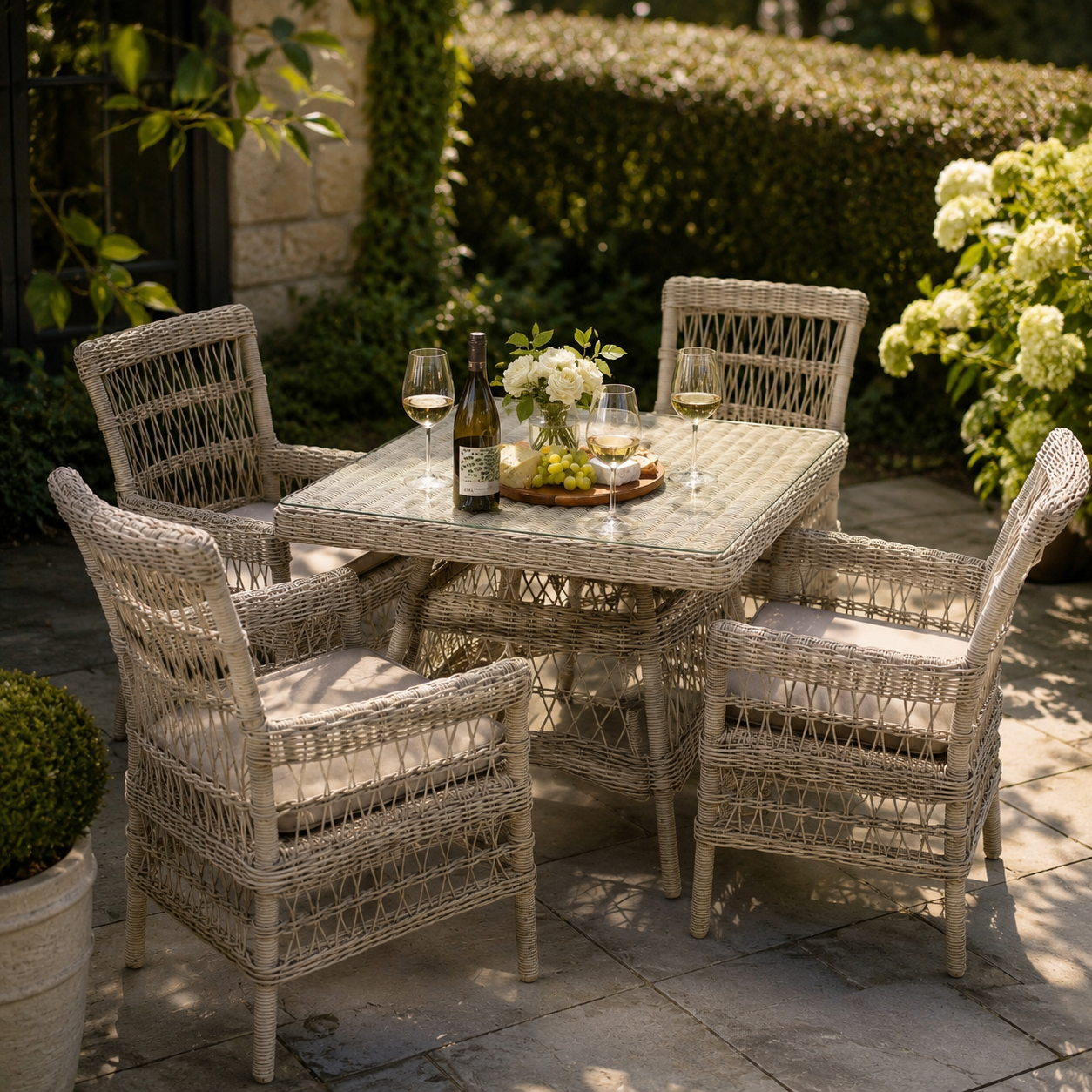 Outdoor patio set with wicker chairs and table, wine bottle, and glasses on a stone patio.