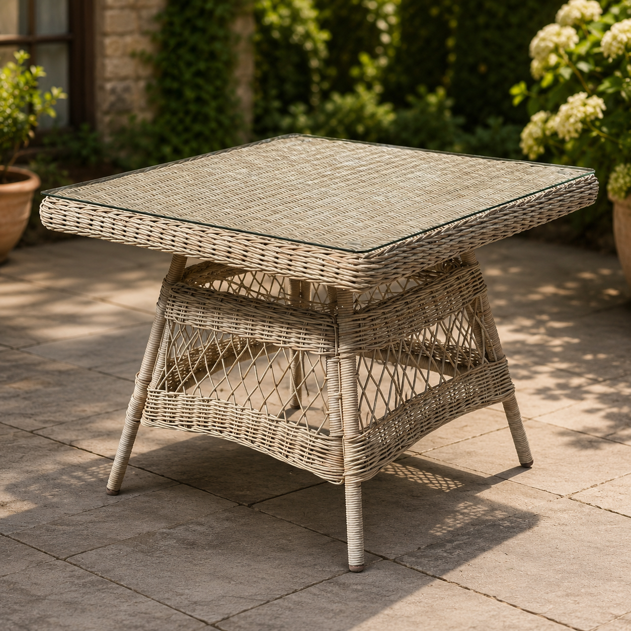 Wicker outdoor table with a glass top on a stone patio