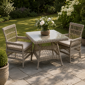 Outdoor patio set with wicker table and chairs on a stone patio, surrounded by greenery.