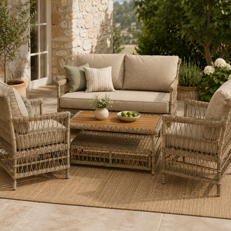Outdoor patio set with wicker chairs and sofa on a stone patio.