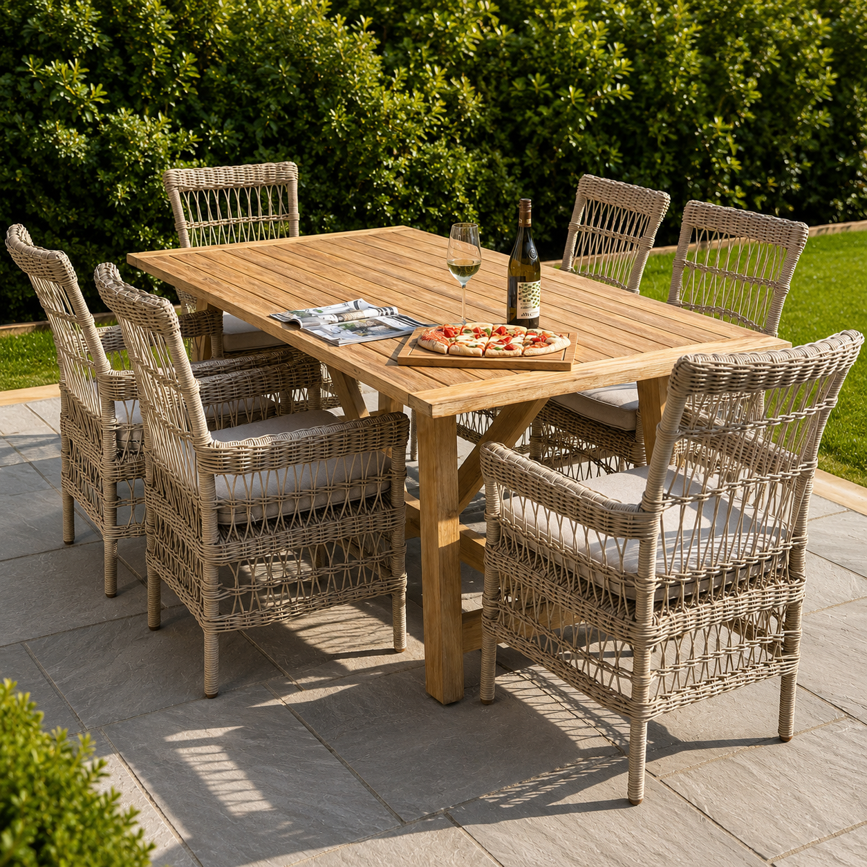 A large outdoor dining table made of acacia wood, accompanied by matching chairs with a woven design. The set is placed on an outdoor patio.