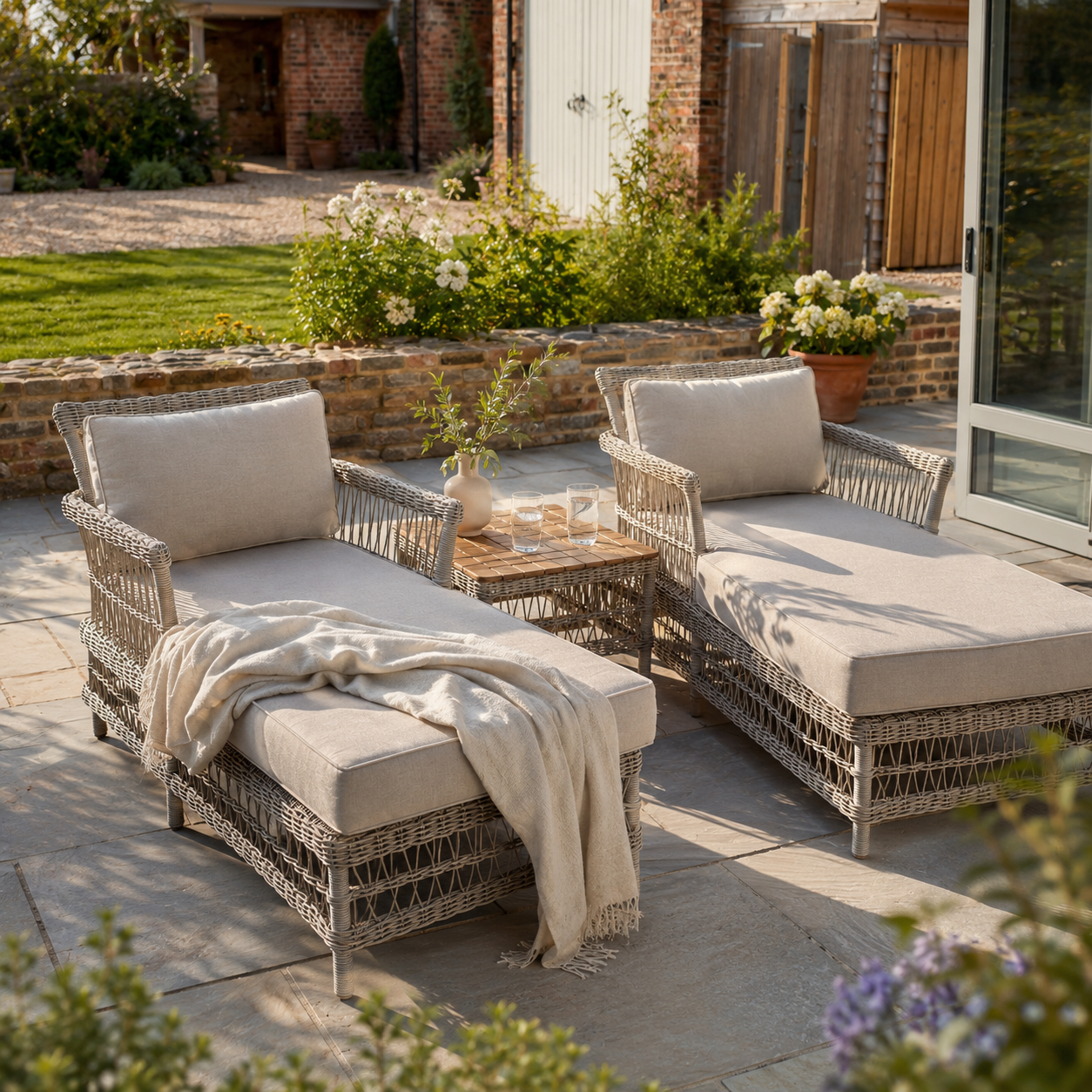 Outdoor patio furniture set with cushions and a blanket on a stone patio.