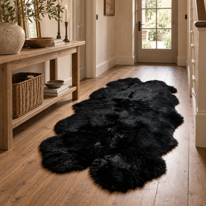 Quad Black Sheepskin Rug on a wooden hallway floor beside a rustic wooden console with a woven basket