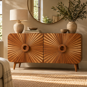 A mid-century modern wooden sideboard cabinet with four sunburst-patterned doors and tapered legs, styled in a warm, sunlit room with a lamp, mirror, and vases.