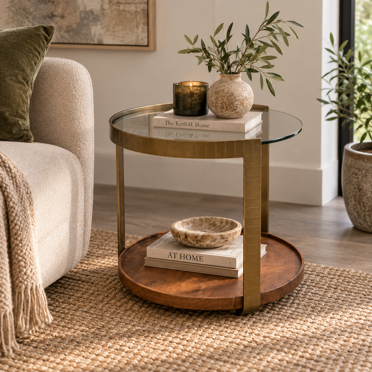 Rajpur Glass & Wood Round Brass Side Table