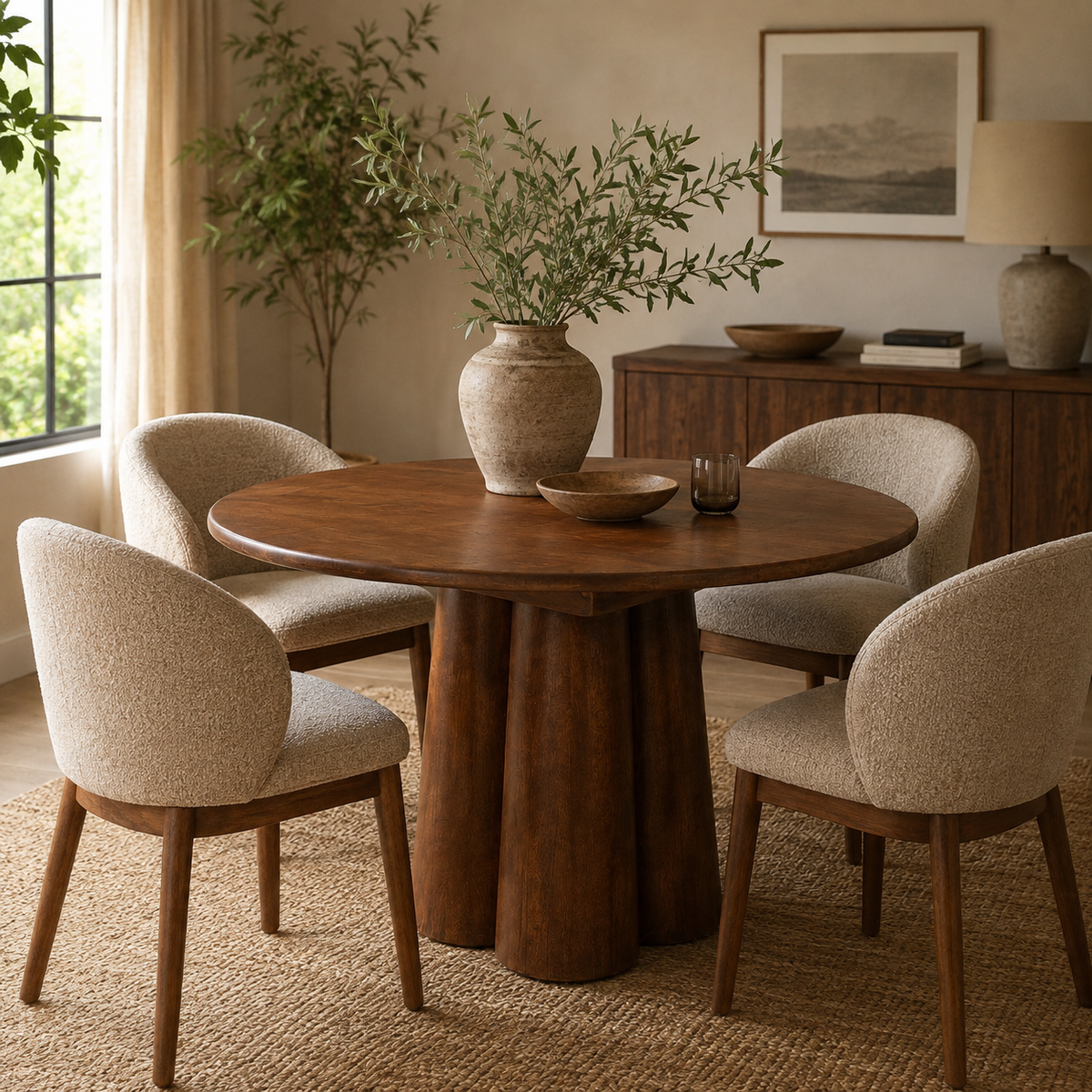A round wooden dining table with four upholstered chairs in a warm, styled dining room. The table has a medium brown wood finish, and the chairs feature textured beige fabric upholstery with matching brown wooden legs.