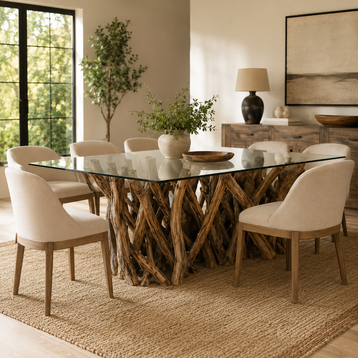 Dining room with a rustic wooden table and chairs in a well-lit room.