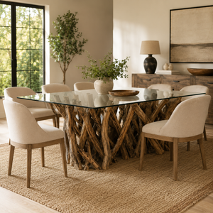 Dining room with a rustic wooden table and chairs in a well-lit room.